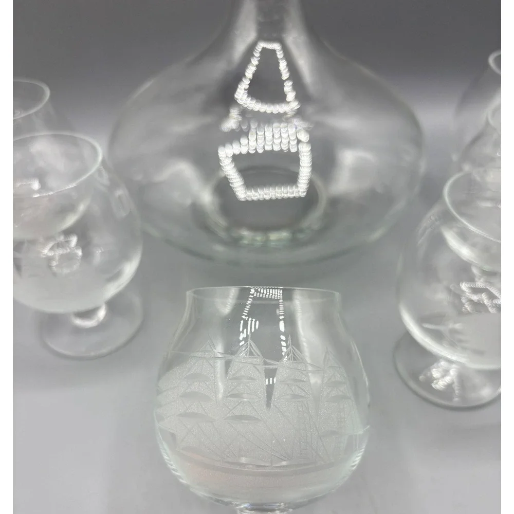 Vtg Etched Crystal Nautical Clipper Ship Decanter Set 6 Glasses Barware‎